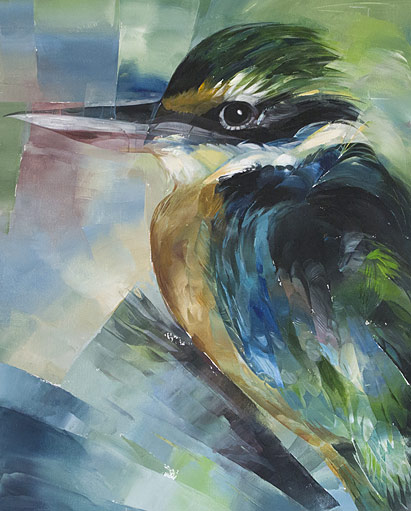 Sheila Brown nz bird artist, sits and waits kingfisher, acrylic on canvas